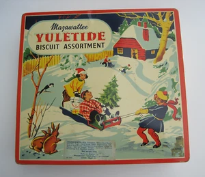 DE COLECCIÓN AÑOS 50 MAZAWATTEE YULETIDE GALLETA LATA LONDRES CAJA LATA con ESCENA DE NAVIDAD - Imagen 1 de 15