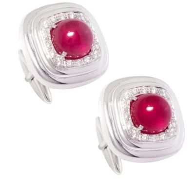 935 Argentium Silver Cubic Zirconia With Cabochon Red Rubies Cufflinks For Men's - Image 1 of 4