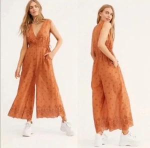 FREE PEOPLE Intimately Orange Sun's Out Eyelet Crop Wide Leg Pant Jumpsuit S 4/6 - Picture 1 of 15