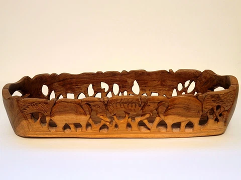 Wood Hand Carved Bowl Basket Elephant Long Boat Excellent Rare Cover