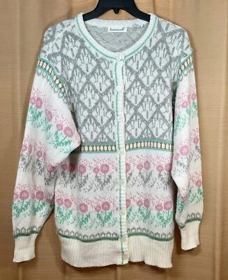 JASON MAXWELL женщин размер большой серый розовый цветочный кнопка вязаный кардиган свитер - Изображение 1 из 4