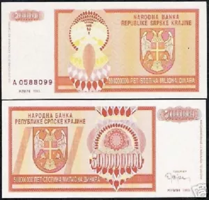 CROATIA 500000000 DINARA P-R16 1993 *A Pfx UNC x 1 Pcs 500 MILLION Pre Euro NOTE - Picture 1 of 2