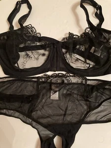 NWOT Victoria's Secret Embroidered Mesh Front Zip Bra 36D & Thong L Mint Black - Picture 1 of 4
