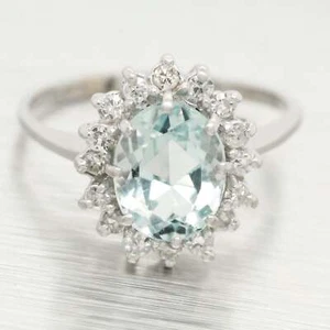 Vintage Aquamarine & Diamond Halo Cocktail Ring - 14k White Gold - Size 7.25 - Picture 1 of 7