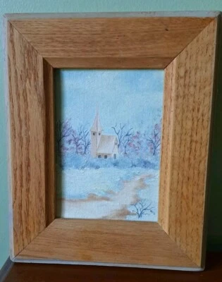 Vintage Orignal Oil Painting Church Winter Snow Oak Framed Pastels Holiday Decor - Image 1 of 4