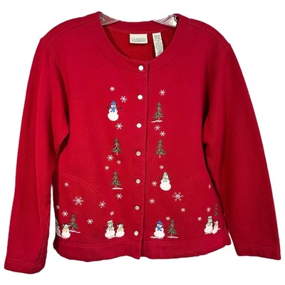 Classic Elements Small Sweater Christmas Winter Snowmen Cardigan Red Holiday 498 - Image 1 of 4
