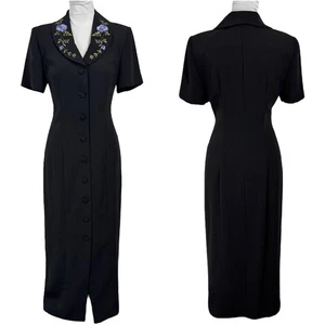 Vintage Floral Lapel Collared Shirt Dress Size 8 Black Embroidered Button Front - Picture 1 of 16