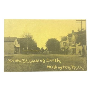 Millington MI Postkarte - State Street Südansicht mit Pferdekutsche & Gebäuden - Bild 1 von 3