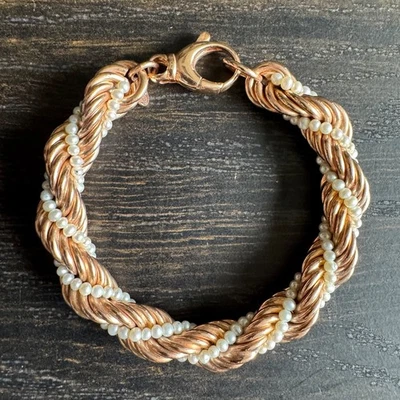 Pulsera HONORA Perla Cultivada y Bronce Tono Oro Rosa Cuerda Girada Italia 8" Foto 1 de 4