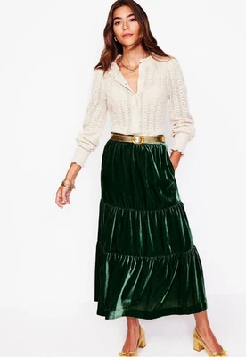Falda Boden Mujer US 20 22 Maxi Verde Viv Terciopelo Elastizada en Niveles R0671 Nueva con Etiquetas Foto 1 de 4