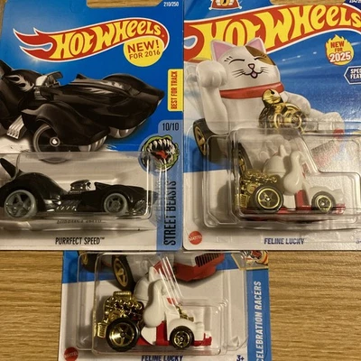 HOT WHEELS 2016 #210 PURRFECT SPEED BLACK CAT & 2025 #234 FELINE LUCKY Lot of 3 - Image 1 of 4