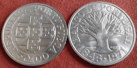 1971 PORTUGAL 50 ESCUDOS SILVER 125 YEARS BANK OF PORTUGAL UNC BU COIN G5 Cover