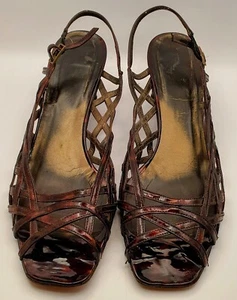 Women's Strappy Slingback Block Heel Sandals Cognac Patent Leather S Weitzman 9M - Picture 1 of 10