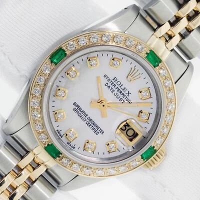 Rolex Lady DateJust MOP Diamond Steel and 18k Gold Diamond Emerald Bezel Watch - Image 1 of 4