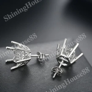 Unique Semi Mount Earrings Round 10mm To 11mm Solid 14k White Gold Prong Setting - Picture 1 of 7