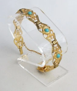Vintage Etruscan Style Fancy Embossed Gold Metal Enamel Faux Turquoise Bracelet - Picture 1 of 8