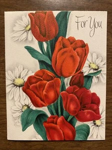 Vintage 1940s Happy Easter Greeting Card Red & White Flowers Roses P3B - Picture 1 of 14