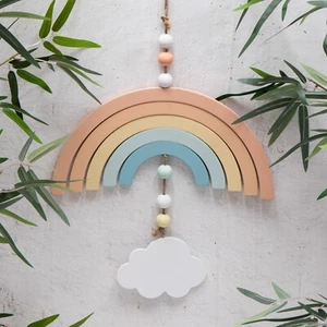Rainbow & Cloud Mobile Wooden Arc with Beads Baby Cot Unisex Nursery Decor Gift - Picture 1 of 5