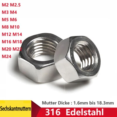 Sechskantmuttern Edelstahl V4A Sechskantmutter M2 M3 M4 M5 M6 bis M24 Metrisch - Bild 1 von 4