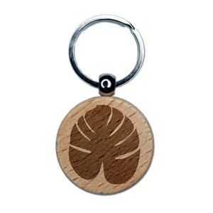 Palm Leaf Tropical Engraved Wood Round Keychain Tag Charm - Picture 1 of 6
