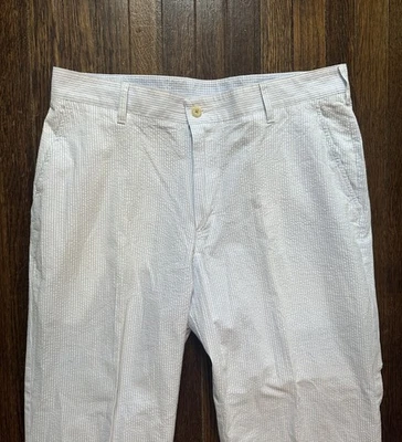 VTG Bills Khakis Pants Mens 36x30 Seersucker Blue White Striped Cuff Hems Preppy - Image 1 of 4