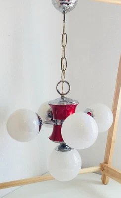 27" ✨ RED & CHROME Mid Century Orb Orbital Chandelier Milk Glass Globe Sputnik - Image 1 of 4