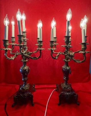 "Antiguas lámparas de candelabro del siglo XIX, latón sobre mármol pesado 31"" de alto" Foto 1 de 4