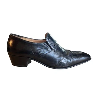 Men's Vintage Black Leather Cuban Heel Shoes UK Size 9 Slip On Chisel Toe - Picture 1 of 13