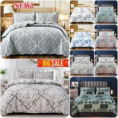 Soft 3Piece Quilted Patchwork Bed Throw Bedspread King Size Bedding Set Coverlet - Image 1 of 4