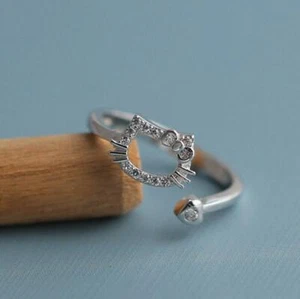 Adorable Hello Kitty Cat Kitten Silver Pave CZ Adjustable Band Ring - Picture 1 of 2