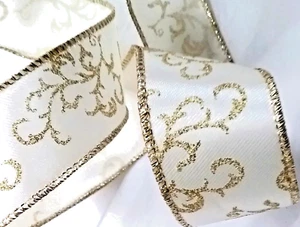 Christmas Glitter Scroll 1.5" by 5 yds Ivory Creamy Wired Ribon Raised Arabesque - Picture 1 of 5