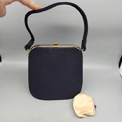 Bolso de mano vintage azul marino satinado cierre dorado cambio asa interior Foto 1 de 4