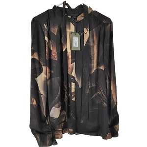 AllSAINTS Toni Iris Coffee Brown Print Blouse Women's US 10 Silk Blend NWT $249 - Picture 1 of 11