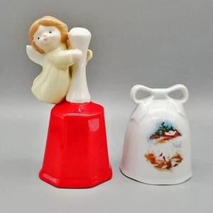 2 Vintage Christmas Bells Porcelain Ceramic Figural Angel on Handle Noel Scene - Picture 1 of 9