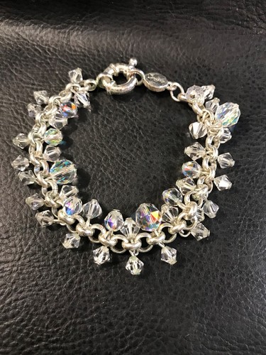 Bracciale tono argento GIVENCHY trasparente sfaccettato aurora boreale AB perline 7 25"