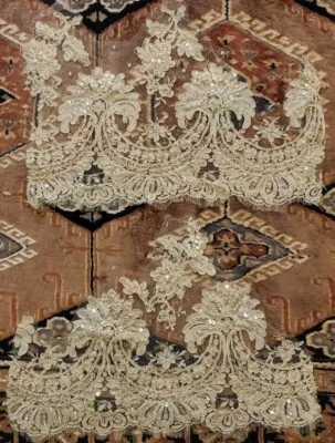 Fabric Scallop Remnant IVORY Bridal ALENCON Lace On Polyester Tulle  ~see Detail - Image 1 of 4