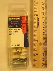 ROCKFORD 4 Pcs Plastic GRIP Anchors W/8 x 1" Screw - Picture 1 of 1
