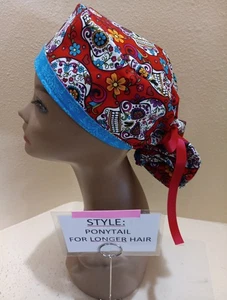 Sugar Skulls (red) SALE Women's Ponytail Surgical Scrub Hat/Cap Handmade - Picture 1 of 9