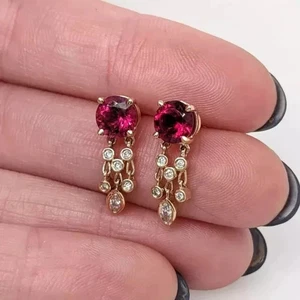 3Ct Round Cut Lab-Created Pink Ruby Drop Dangle Earrings 14k Yellow Gold Plated - Picture 1 of 6