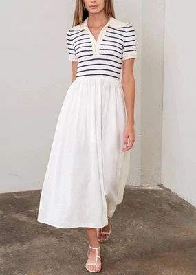Vestido de verão Moon River creme azul marinho listrado malha polo midi costeiro chique tamanho G - Imagem 1 de 4