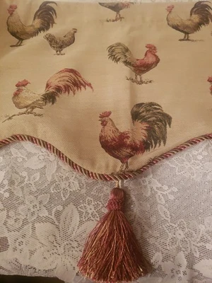 Rooster Tapestry Scalloped Valance 50X18 Cord Trim And Tassel French Country - Image 1 of 4