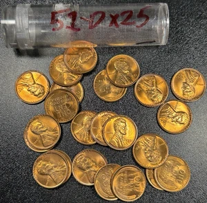 1951-D Lincoln Wheat Penny Partial Roll of 25 Coins RED BU UNCIRCULATED - Picture 1 of 6