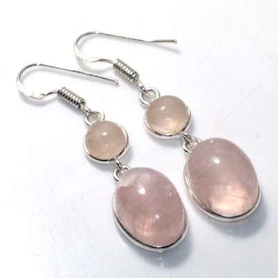 Pendientes de joyería de cuarzo rosa enchapados en plata 925 tamaño 1,8" JW Foto 1 de 3