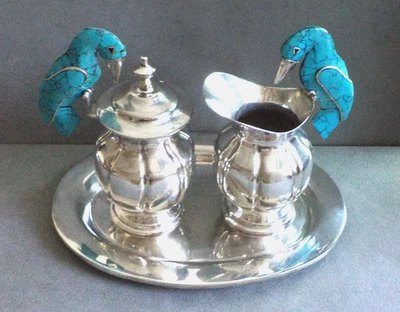 JUEGO JARRA Y AZUCARERO MCM MEXICO Plateado + Pájaros Turquesa Estilo Castillo Foto 1 de 4