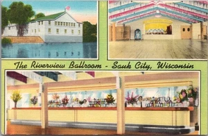 Vintage SAUK CITY, Wisconsin Postcard "RIVERVIEW BALLROOM" Bar View LINEN c1940s - Picture 1 of 2