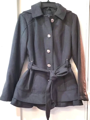 Abrigo para mujer celebridad rosa gris carbón forrado un solo pecho con volantes dobladillo mediano Foto 1 de 4