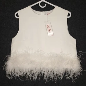 La' Ros Crop Top Gr. L ärmellos weiß Federsaum neu mit Etikett - Bild 1 von 13