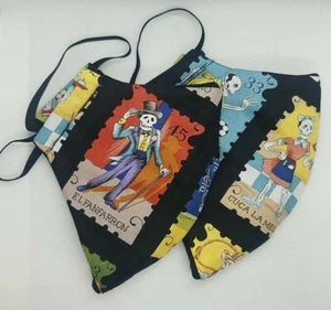 2 Colorful Skeletal Loteria Print Handmade Face Masks - Cartas Marcadas - Picture 1 of 4