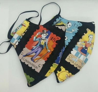 2 Colorful Skeletal Loteria Print Handmade Face Masks - Cartas Marcadas - Image 1 of 4
