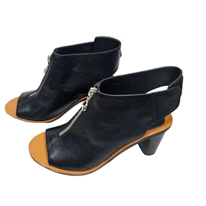 Country Road Peep Toe Booties Black Size 38 Stacked Heel Leather Zips Ankle Stra - Picture 1 of 8